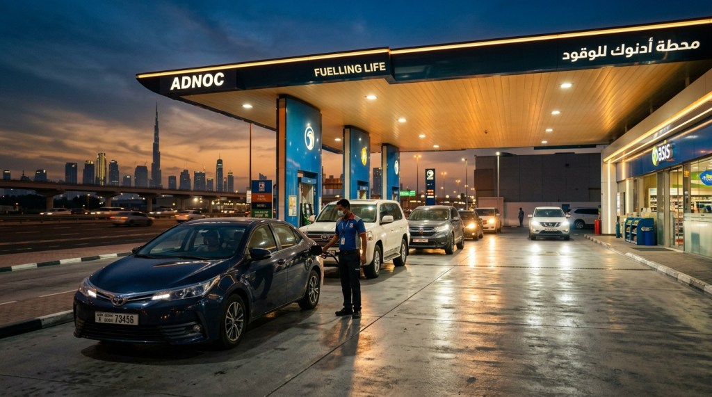 Cars queuing at a UAE petrol station at dusk as an attendant refuels a vehicle.