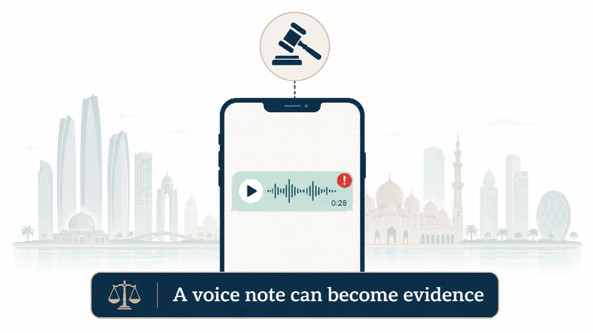 Illustration of a WhatsApp voice message linked to a courtroom gavel, symbolising UAE cybercrime law.