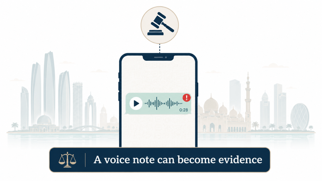 Illustration of a WhatsApp voice message linked to a courtroom gavel, symbolising UAE cybercrime law.