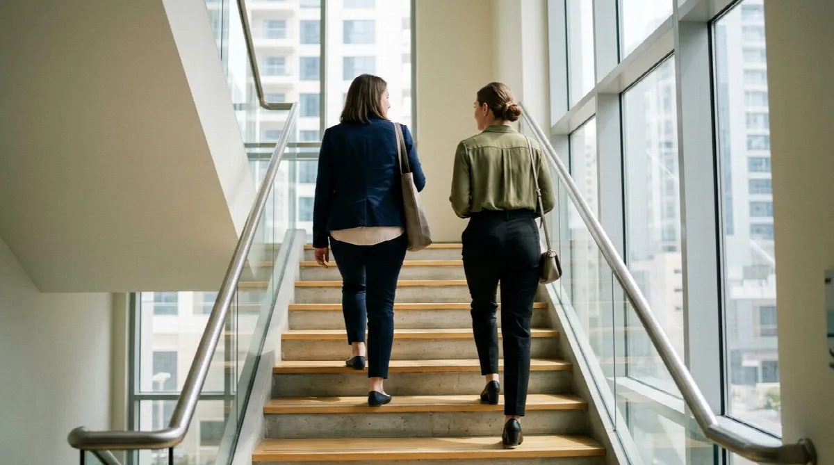 Office workers seen from behind walking up a stairwell in a Dubai office building