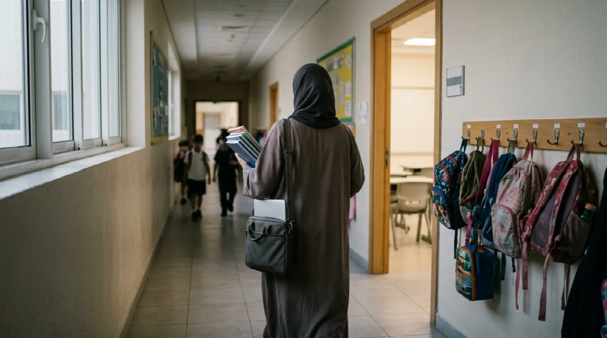 Teacher seen from behind walking along a sunlit school corridor in Dubai at morning