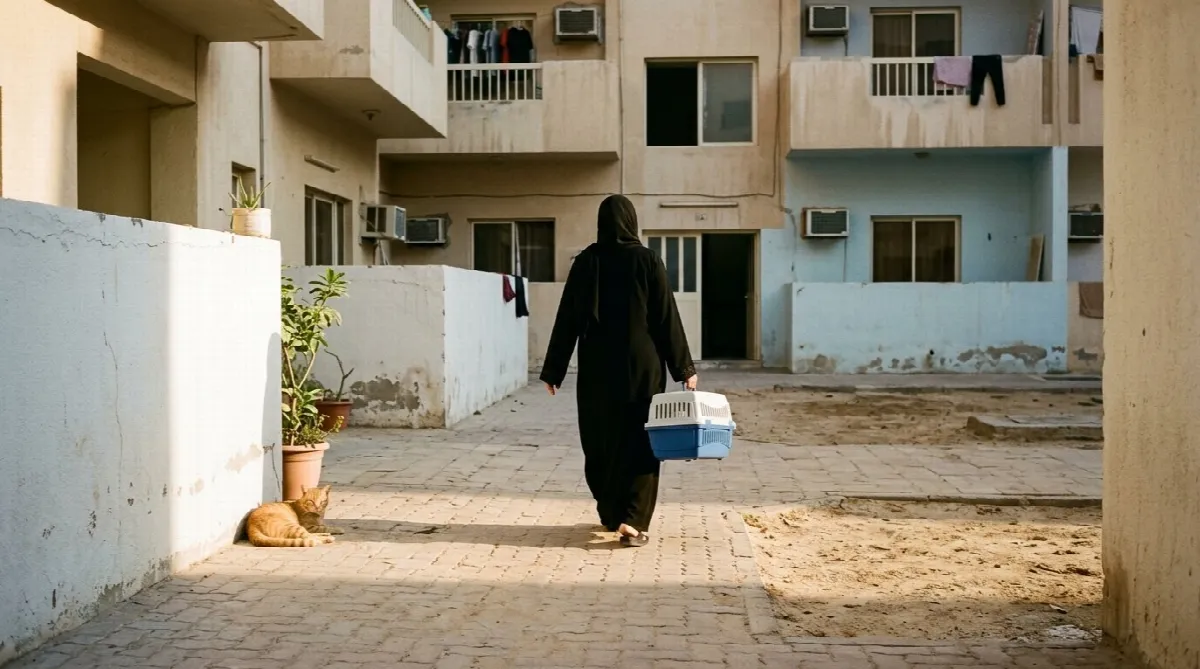 Resident seen from behind carrying an empty pet carrier through a shaded Sharjah courtyard